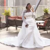 Vintage Plus Size Mermaid Wedding Dresses Beaded Satin Bridal Gown with Detachable Train Ruched Long Sleeve robe de moriee 2024