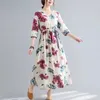 Party Dresses 2024 Summer Cotton Linen V-Neck Vintage Floral Print Women Casual Long Fashion Ladies Dress Elegant Vestidos Robe Femme