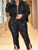 LW Plus Size Two Pieces Sets Velvet Sequined Zipper Design top coat Pants Set Fashion party Evening womens matching set 240219