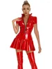 Robes décontractées à manches courtes col haut fermeture éclair robe brillant faux cuir PU robe trapèze look mouillé collants en PVC sexy minifalda minijupe