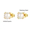 Stud Earrings 4mm-9mm Mixed Size Claw Artificial Pearl Set Golden Stainless Steel For Women Simple Ball Ear Jewelry