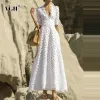 Sukienki vgh elegancka biała sukienka maxi dla kobiet v szyja pół rękawów wysoka talia pusta szczupły sukienki kobiety 2022 Spring Nowy styl moda