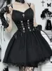 Casual Dresses Goth Dark Lolita Gothic Aesthetic Bandage Corset Grunge Style Black Embroidery Emo Dress Women A-line Party Alt Clothes
