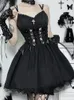 Abiti casual Goth Dark Lolita Estetica gotica Fasciatura Corsetto Stile Grunge Ricamo nero Abito emo Donna A-line Party Alt Vestiti