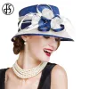 Berets Fs British Blue White Sinamay Hochzeitshut für Frauen Elegante Kirchenblume Fedoras mit breiter Krempe 2022 Leinen Kentucky Derby Hat Lady