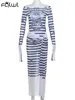 Work Dresses Habbris Blue Stripe Mesh 2 Two Piece Skirt Set Vacation Beach For Women 2024 Long Sleeve Bodycon Crop Top Mixi Split