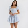 Lässige Kleider Fairy Grunge elegante blaue Broderie Schnürung Korsett Mini Kleid Outfits Sommergeburtstag eine Linie 2 -Stück -Sets