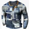 Homens camisetas Primavera Outono Henley Color Block Patchwork 3D Impresso Moda Vintage Button-Down Camisa de Manga Longa Homem Tees Tops