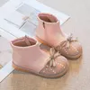 Boots Girls Leather 2024 Winter Children's Plush Short With Bow Knot Korean Style Sweet Princess Elegant Platform