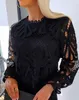 Women's T Shirts Sweet Women Hollow Out Long Sleeve Top Temperament Commuting Female Clothes Fashion Semi-Sheer Lace O-Neck Blouses