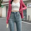 Damen-Jeans ZOENOVA, hohe Taille, schlankmachende, gerade ausgestellte Hose, Übergröße, Straßen, vielseitig, Retro-zerrissen, leicht Boot-Cut, Frühling 2024