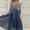 Klänningar ny elegant festklänning kvinnor v hals långärmad balklänningar damer boho aline chiffong flytande swing sundress vestidos robe