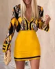 Vestido de dos piezas Mujer Estampado de manga larga Camisa con botones Conjuntos de minifalda Oficina de otoño Señora con cuello en V Faldas superiores Conjunto de 2 piezas Trajes elegantes para mujer