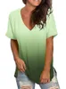 Mulheres Camisetas Mangas Curtas Verão Roll Up Profundo V Neck Camisa Presente Casual Solto Gradiente Moda Para Mulheres Poliéster Esportes Luz Verde