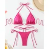 ARXIPA Sexy Bikinis Two Piece Swimsuit for Women Bandage Halter High Leg Bathing Suit Padded Push Up Beachwear Brazilian Heart Ring Solid Rose Red Tie Side Bling Shiny