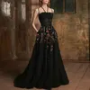 Elegant Beaded Black Evening Dresses 3D Floral Appliques Pleats A Line Tulle Prom Dress Sexy Backless Long Special Occasion Gown Sweep Train