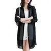Women's Blouses 2024 Long Sleeve Overlay Shawl Mid Length Shirt Collar Coat Sunscreen Summer Thin Chiffon Cardigan