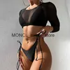 Kobiety stroju kąpielowego 2022 3PCS Bikini Zestaw Bezczelny długi rękaw kostium kąpielowy Kobiet Zipper plażowy garnitur kąpielowy Druku