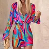 Vestido de dos piezas Mujer Estampado de manga larga Camisa con botones Conjuntos de minifalda Oficina de otoño Señora con cuello en V Faldas superiores Conjunto de 2 piezas Trajes elegantes para mujer