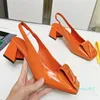 Luxury Designer Dress Shoes Womens Slingbacks Heels Shake Sandals Patent Leather Chunky Heel Fashion Sexy Party Buckle Square Toes Wedding Shoe Size 35-42