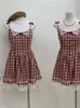 Lässige Kleider Sommer Vintage Plaid Spitze Patchwork Kleid für Frauen 2024 Ästhetische Mini Design Spaghetti Strap A-line Frocks Party Mori Mädchen