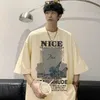 船アブストラクトペインティングアメリカンハイストリートブランドルーズラウンドネック人気夏のメンズ半袖Tシャツトレンディ