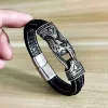 Bracelets vintage 316l en acier inoxydable Bracelet Viking Men Nordic Odin Viking Modèle de biker en cuir sculpté