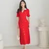 パーティードレス夏の女性長い明るい赤いニットドレスパフスリーブポロカラーレディー高品質のセクシーなファッションデザイン