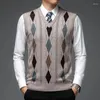 Men's Vests Knitted Wool Sweater Vest Male Casual V-neck Sleeveless Autumn Winter Plaid Tops Daily Slim Pullover