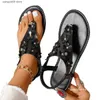 Talltor blommor nit tå klipp platt sandaler för kvinnors semesterstil med elastiska band stora strandsandaler och tofflor T240220