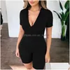 Women'S Jumpsuits Rompers Sexy Women Zipper V-Neck Fitness Tights Playsuit Costume Short Sleeve Romper Tracksuit For Drop Delivery Dhc4X