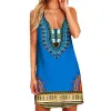 Jurken Zomer Vintage Jurken voor Vrouwen Kriskras Uitgehold Mouwloos Strand Zonnejurk Afrikaanse Print Vrouwelijke Dashiki Halter Mini-jurk