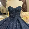 Robe De bal à paillettes bleu marine, robes De Quinceanera, épaules dénudées, Corset à perles, robes De 15 ans