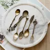 Dinnerware Sets 6pcs Vintage Spoons Fork Mini Metal Real Style Carved Gold Coffee Fruit Prikkers Dessert Kitchen Tool Teaspoon 1 Set