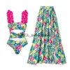 Women's Swimwear 2023 Women 2PC Cover-up Swimsuit Ruffle Solid Printed Deep V One-piece Monokini Kimono Bikini Suit Summer BeachwearH2422088