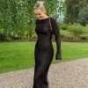 Dresses 2024 Spring Elegant Bodycon Dress Women Sexy Solid O Neck Flare Sleeves Long Summer Dresses Holiday Vestidos Black Red Orange