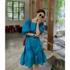 Damen Sommer Plissee Royal Blue Super Fairy Lange Kleider Damen V-Ausschnitt Kurzarm Übergroßes schickes Kleid für Mode 210520