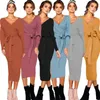 Casual Kleider Frauen Gestrickte Pullover Kleid Wrap Belted Tunika Midi Vestidos Langarm V-ausschnitt Split Herbst Winter Büro Dame