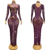 Stage Wear Purple Mesh Strass Robe Sexy Stretch Robes de soirée Femmes Anniversaire Célébrer Costume Catwalk Festival Outfit XS6300