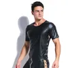 Men's T Shirts Sexy Faux Leather Short Sleeve Lace Up Men Tops Hip Hop Tight Casual Tees Clubwear Nightclub Erotic Lingeries