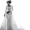 Long Sleeves African Mermaid Dresses Scoop Neck Lace Applique Beaded Crystals Over Skirts Court Train Wedding Bridal Gown