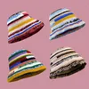 Bérets Chapeau de seau à rayures en tricot fait à la main pour femme motif de tissage disquette adulte adolescents casquette de pêcheur d'hiver