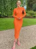 Jurken 2024 Lente Elegante Bodycon Jurk Vrouwen Sexy Solid O Hals Flare Mouwen Lange Zomerjurken Vakantie Vestidos Zwart Rood oranje