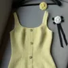 Cor amarela feminina sem mangas tweed lã flor patchwork cintura fina vestido casual SML k0qB #