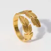 Hanpai hot sale high quality fashion jewelry gold leaf ring adjustable opening ring stainless steel ring