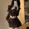 Women's T Shirts Spring/Summer American Spicy Girls' Irregular Pleated Bottom Square Neck Long Sleeve Top Y2k Half Skirt Set