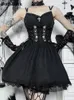 Casual Dresses Goth Dark Lolita Gothic Aesthetic Bandage Corset Grunge Style Black Embroidery Emo Dress Women A-line Party Alt Clothes