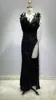 Lässige Kleider Est Damen-BH, tiefer Ausschnitt, Pailletten, Feder, ärmelloses Kleid mit hohem Schlitz, schwarz, roter Teppich, Abend-Fischschwanz-Kleidung für Damen