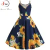 Kleid Sommer Damen Kleid Sexy Sonnenblumen Print Tunika Strandkleid Sommerkleid Weiß Spaghettiträger Swing Vintage Rockabilly Kleider