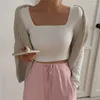 Camisetas para mujer, Top corto con cuello cuadrado, corte bajo, camiseta sin mangas ajustada, jersey de manga larga, ropa elástica de primavera para mujer